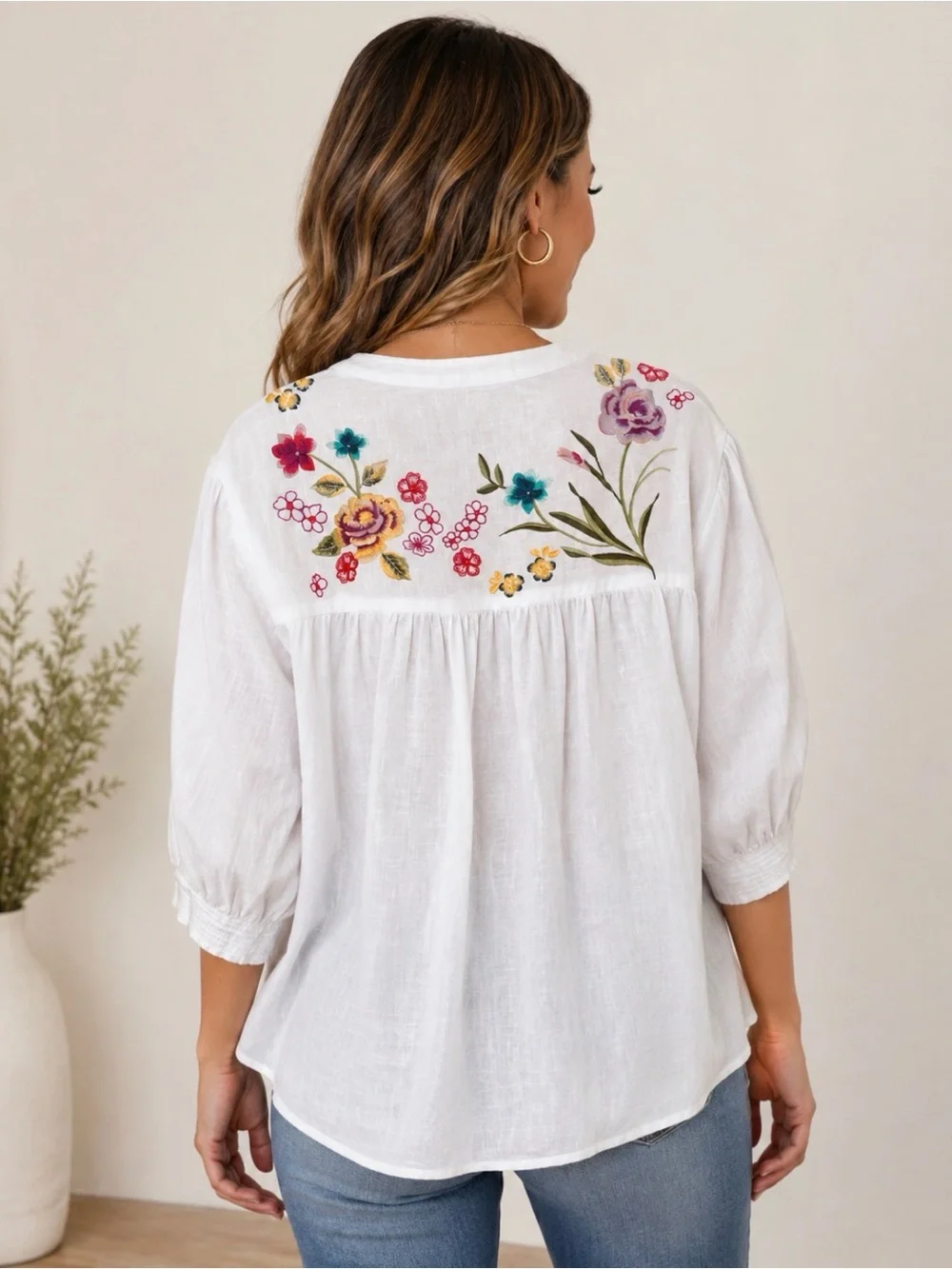 Johnny Was White Embroidered Floral & Butterfly Popover Blouse